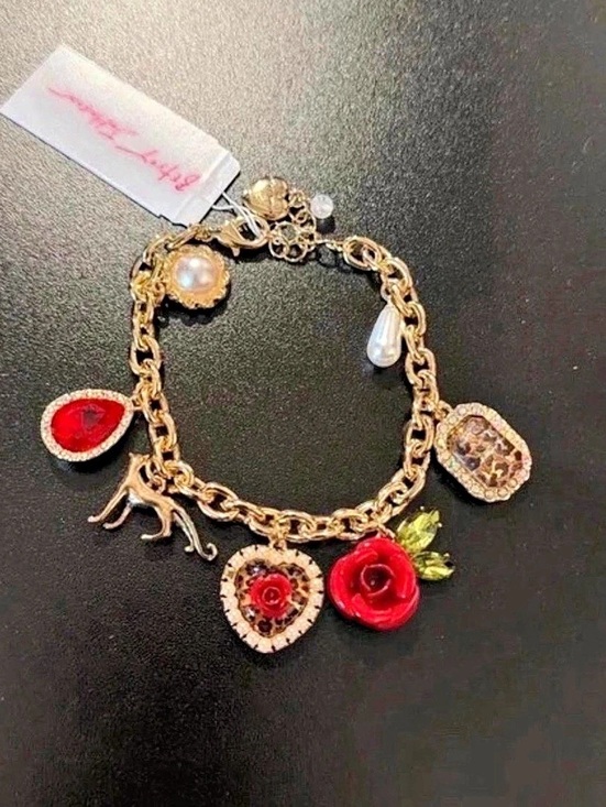 Betsey Johnson Jewelry - Betsey Johnson Leopard Rose Heart Charm Bracelet Charm Bracelet Gold & Red NWT